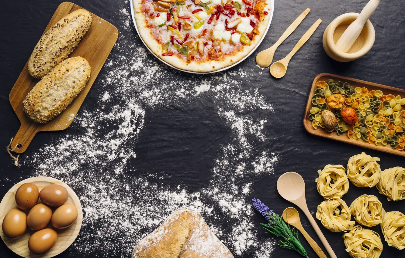 Photo wallpaper food, eggs, bread, pizza, food, pizza, flour, bread