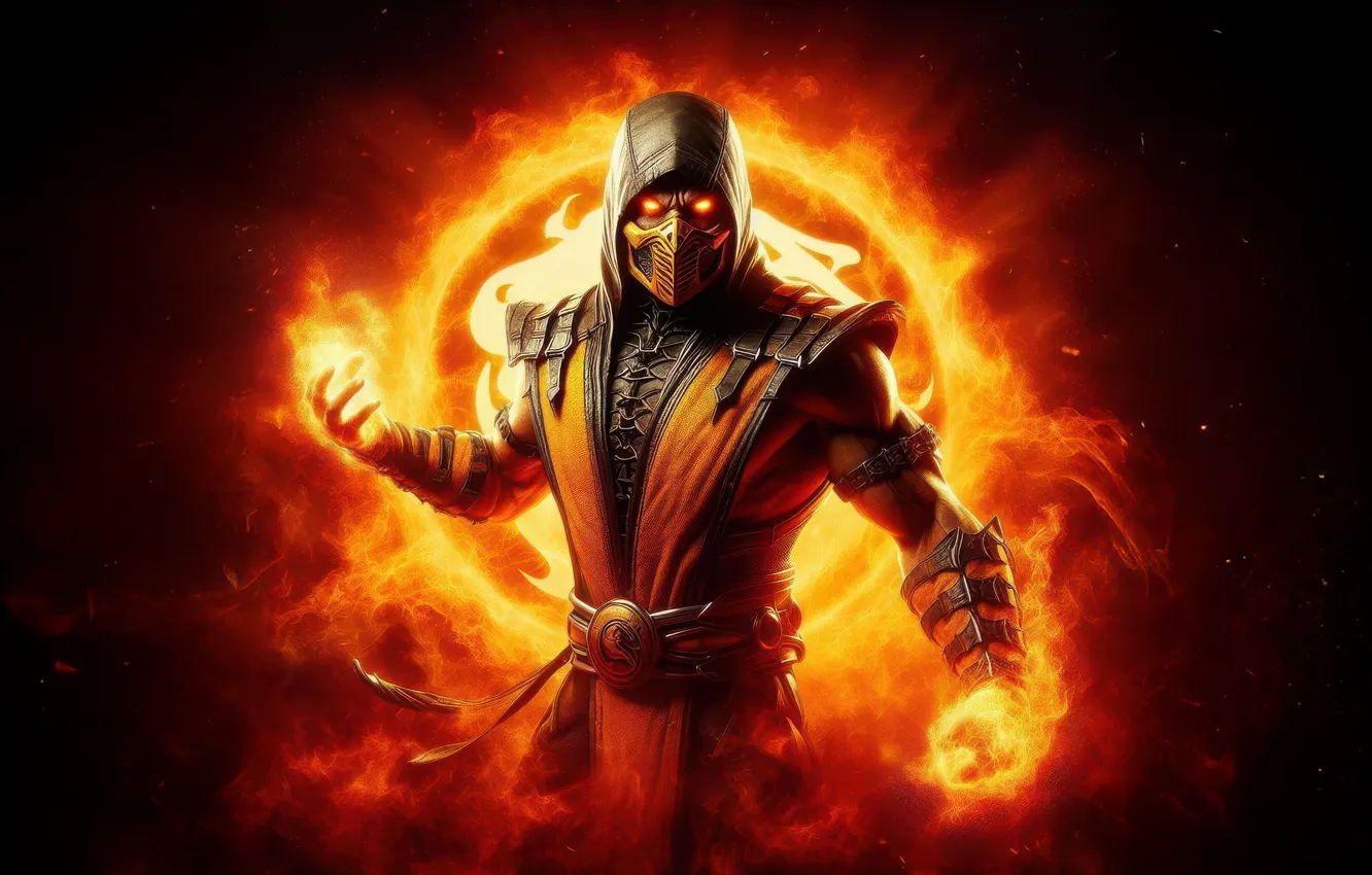 Photo wallpaper logotipo, chama, fire, Dragon, Scorpio, mortal Kombat, Seifuku-chan, spark