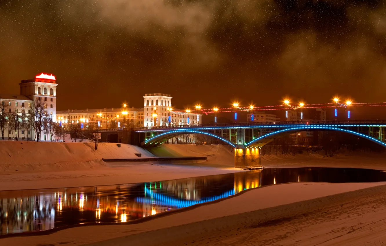 Photo wallpaper bridge, river, winter night