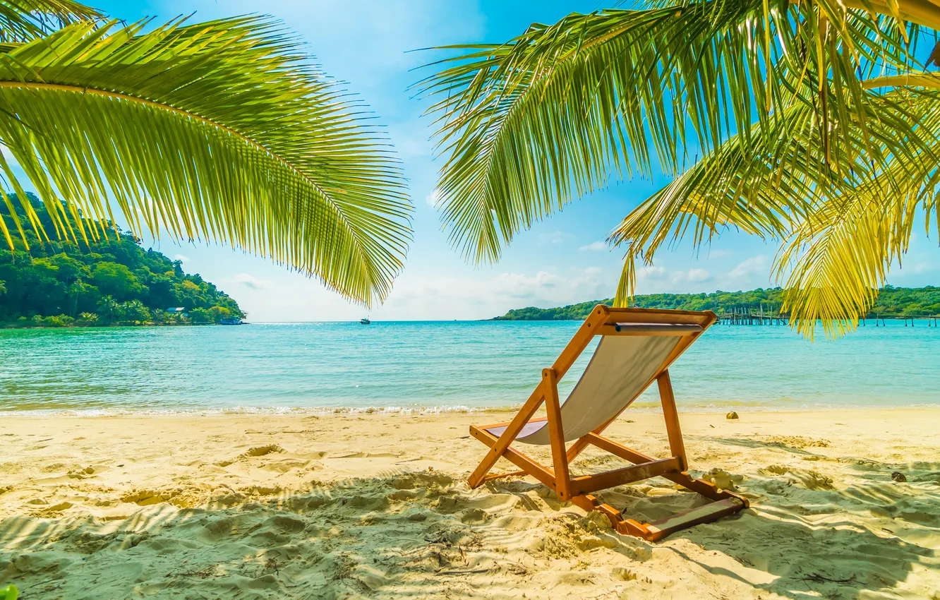 Photo wallpaper sand, sea, wave, beach, summer, the sky, palm trees, shore