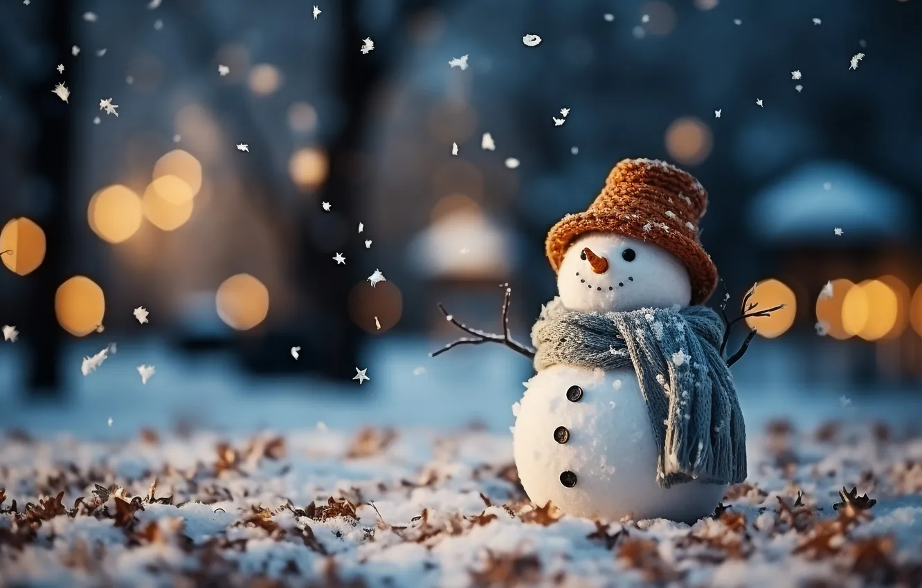 Photo wallpaper winter, snow, new year, Christmas, snowman, Christmas, snow, bokeh