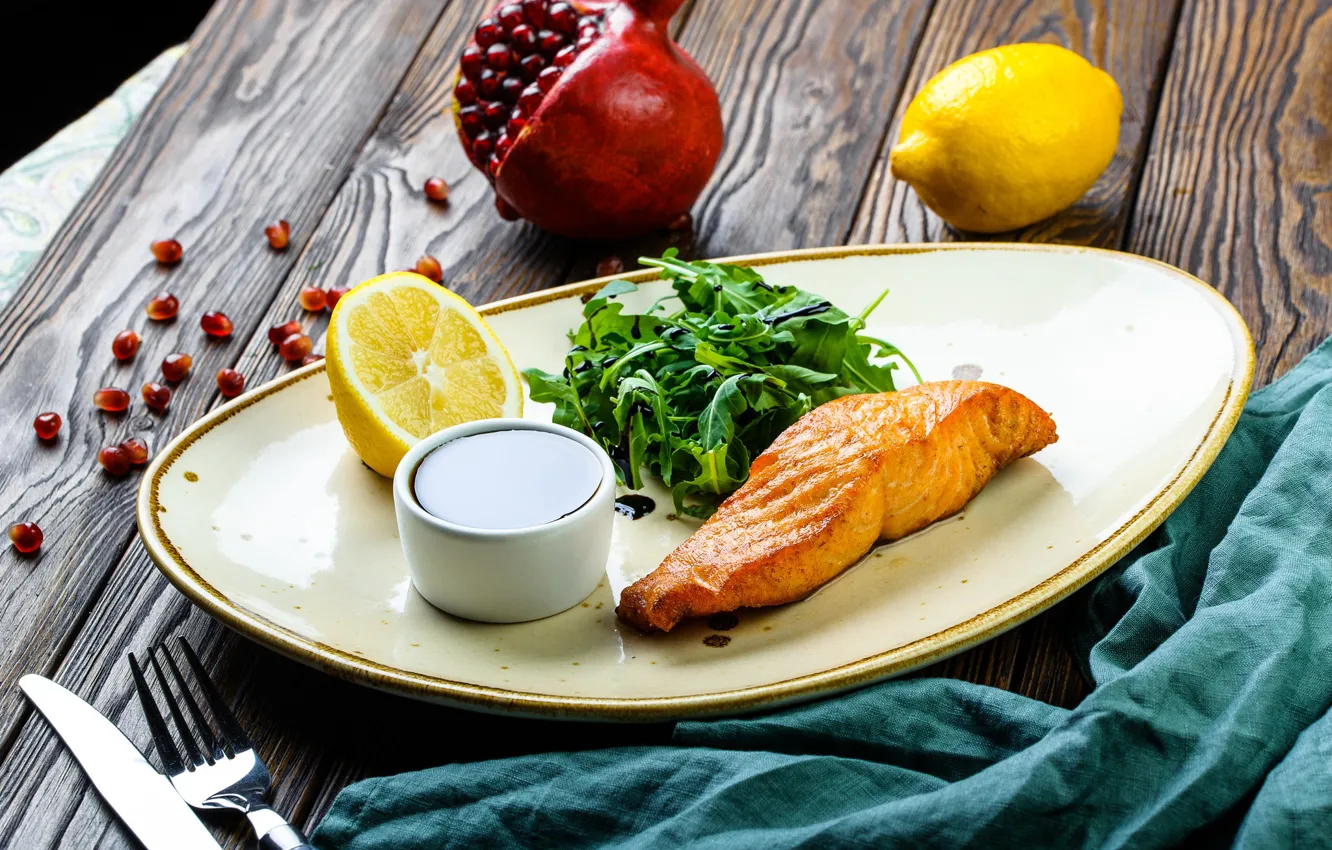 Photo wallpaper greens, lemon, fish, sauce, garnet, salmon