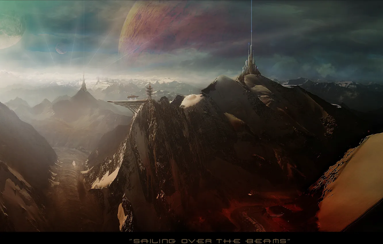 Photo wallpaper mountains, planets, sailing over the beam, Towers