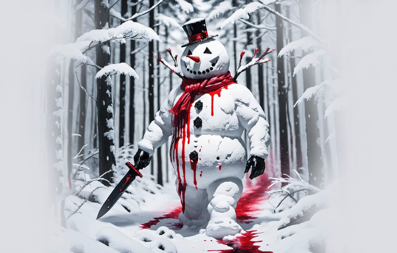 Photo wallpaper winter, snow, blood, snowman, horror