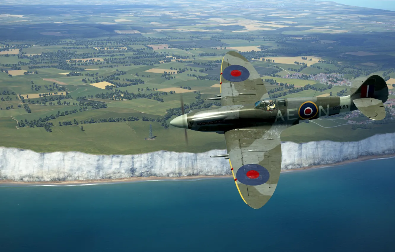 Photo wallpaper Britain, Frontline fighter, Reginald Joseph Mitchell, Spitfire Mk.XIVc over the cliffs of Dover