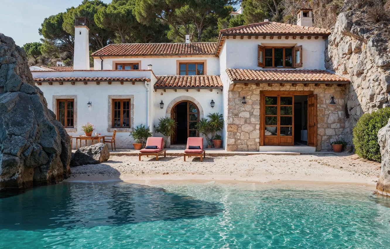 Photo wallpaper sea, the sun, home, pool, summer, house, sunshine, vacation