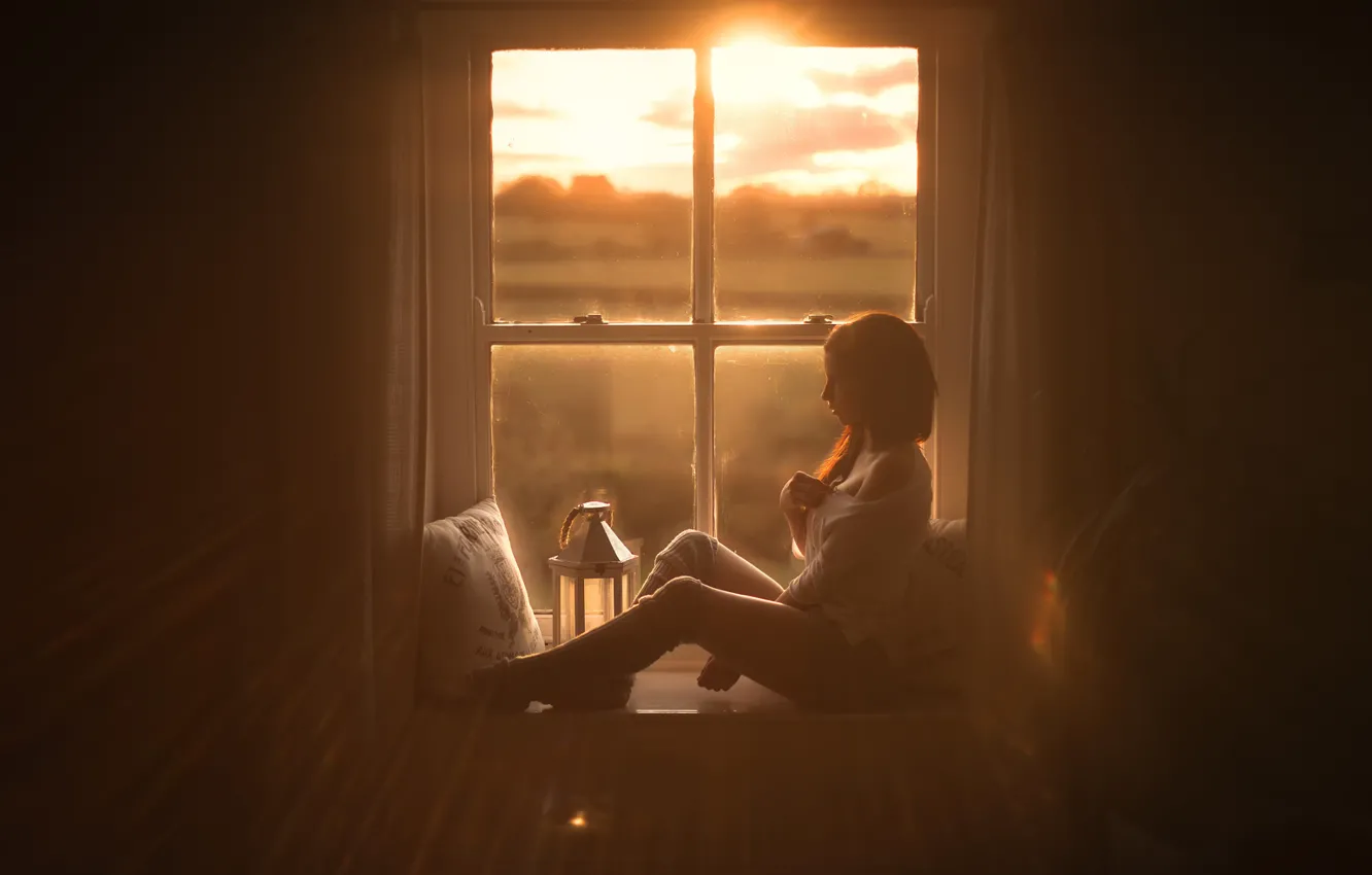 Photo wallpaper girl, window, legs, leg warmers, sunlight, sun kissed