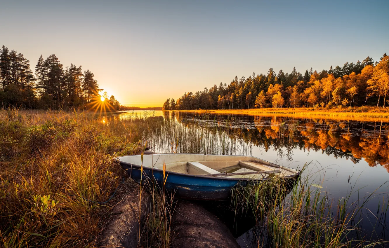 Photo wallpaper autumn, lake, boat, Sweden, Sweden, autumn, lake, boat