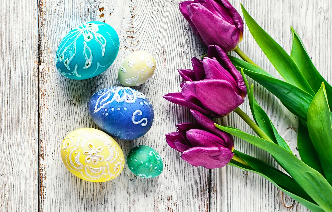 Photo wallpaper flowers, eggs, colorful, Easter, tulips, happy, flowers, tulips