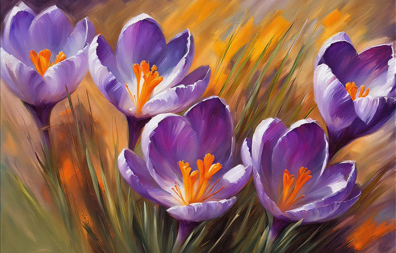 Photo wallpaper flowers, spring, crocuses, painting, lilac, imitation painting, AI art, neural network