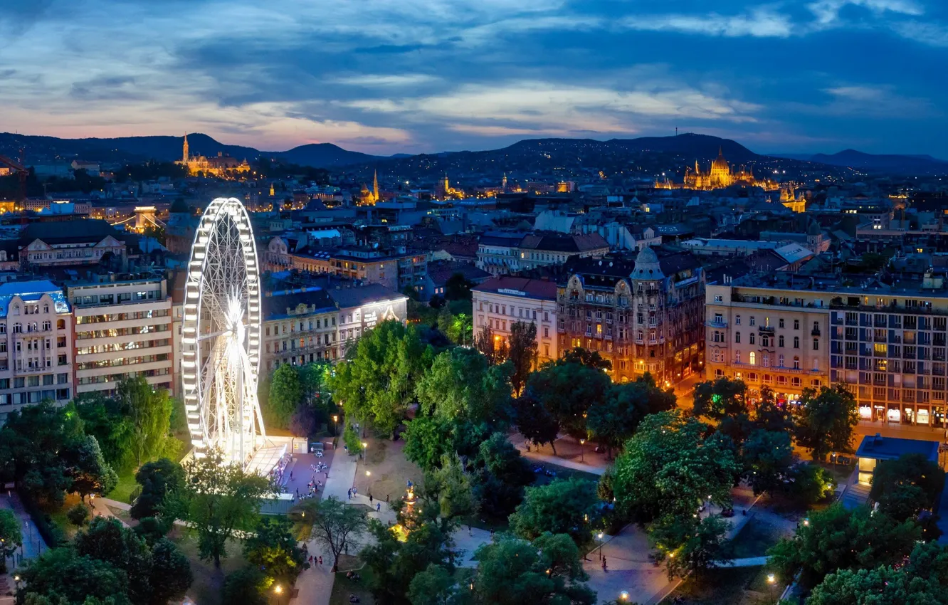Photo wallpaper the sky, clouds, trees, the city, lights, home, the evening, area