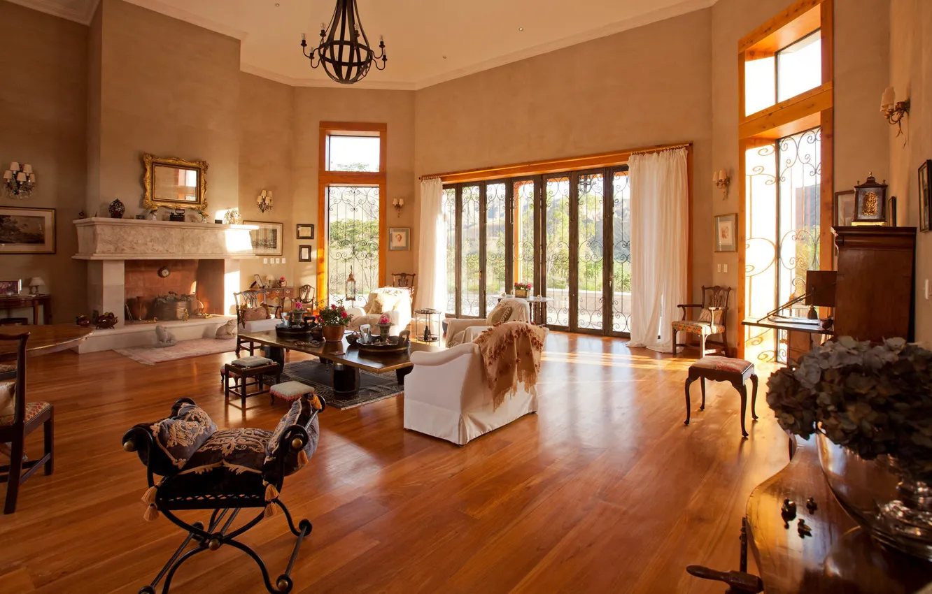 Photo wallpaper design, Villa, interior, fireplace, living room, colonial style, villa in Ecuador