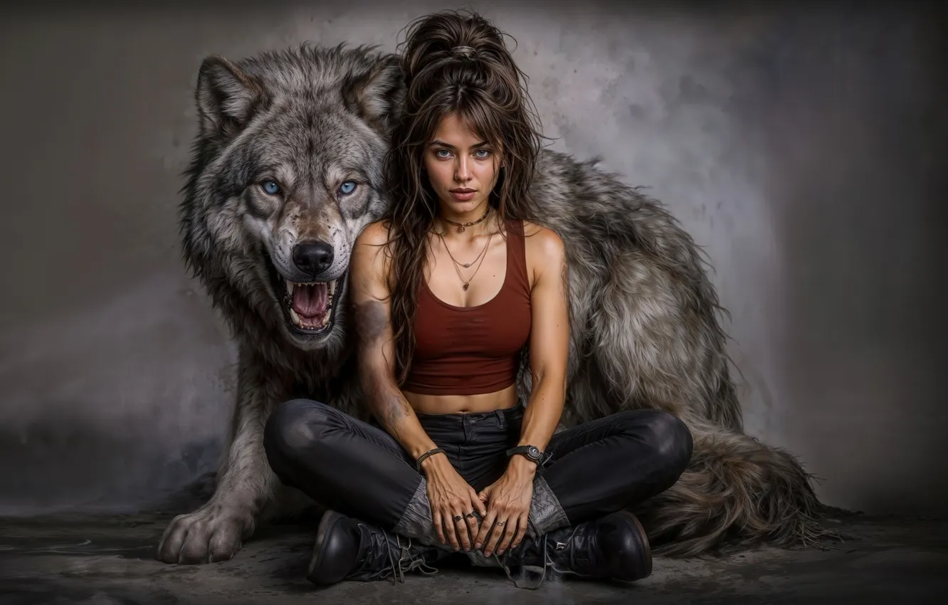 Photo wallpaper girl, wolf, AI art