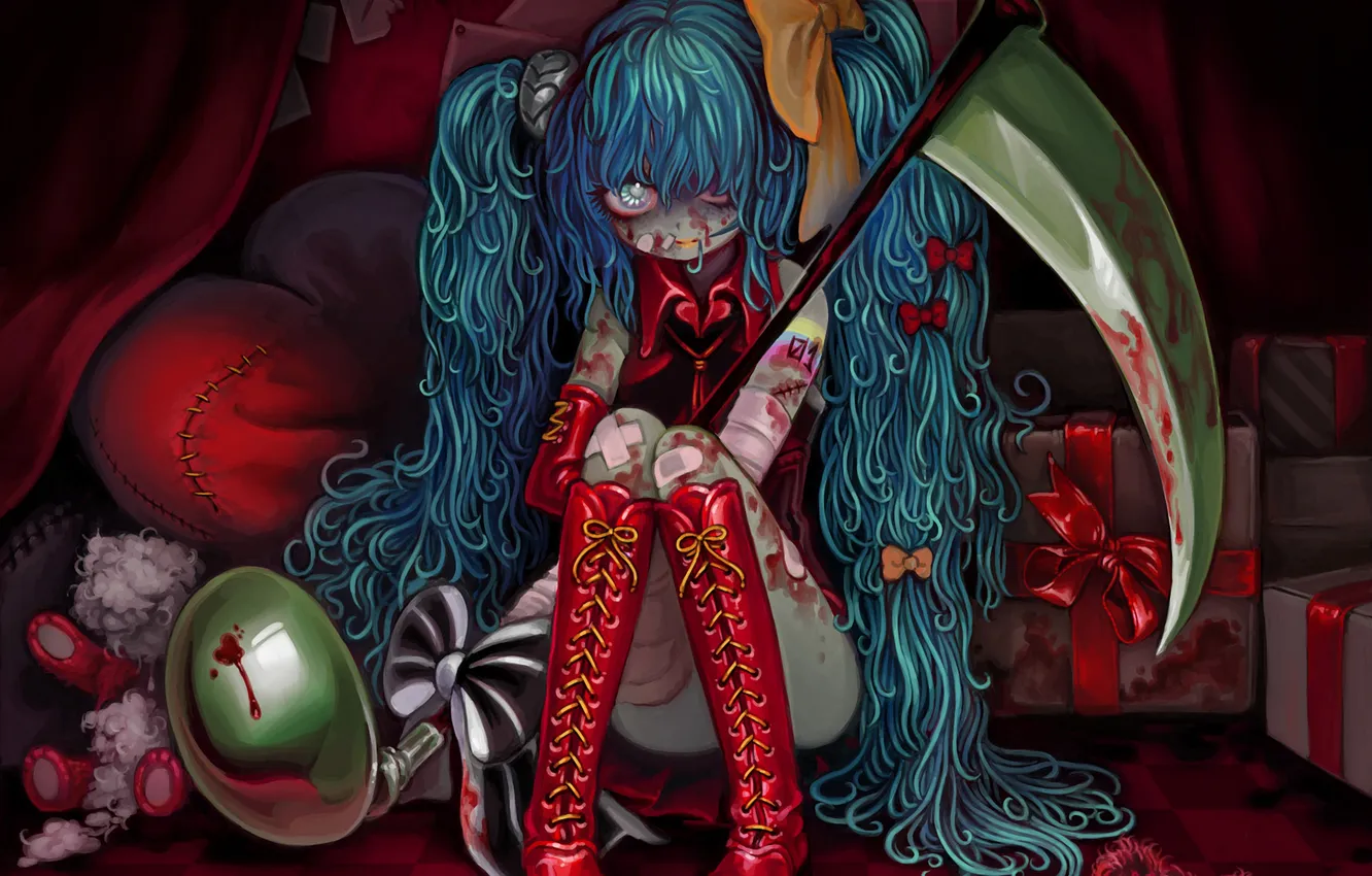 Photo wallpaper girl, notes, blood, anime, braid, vocaloid, hatsune miku, art