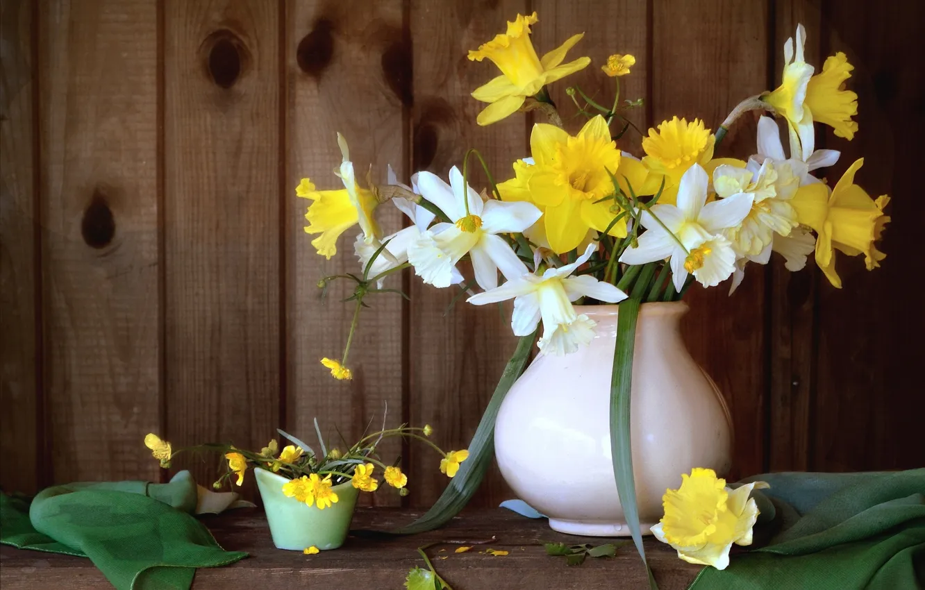 Photo wallpaper bouquet, pitcher, Narcissus, Buttercup
