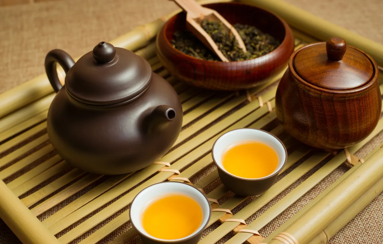 Photo wallpaper tea, kettle, tray, bowls