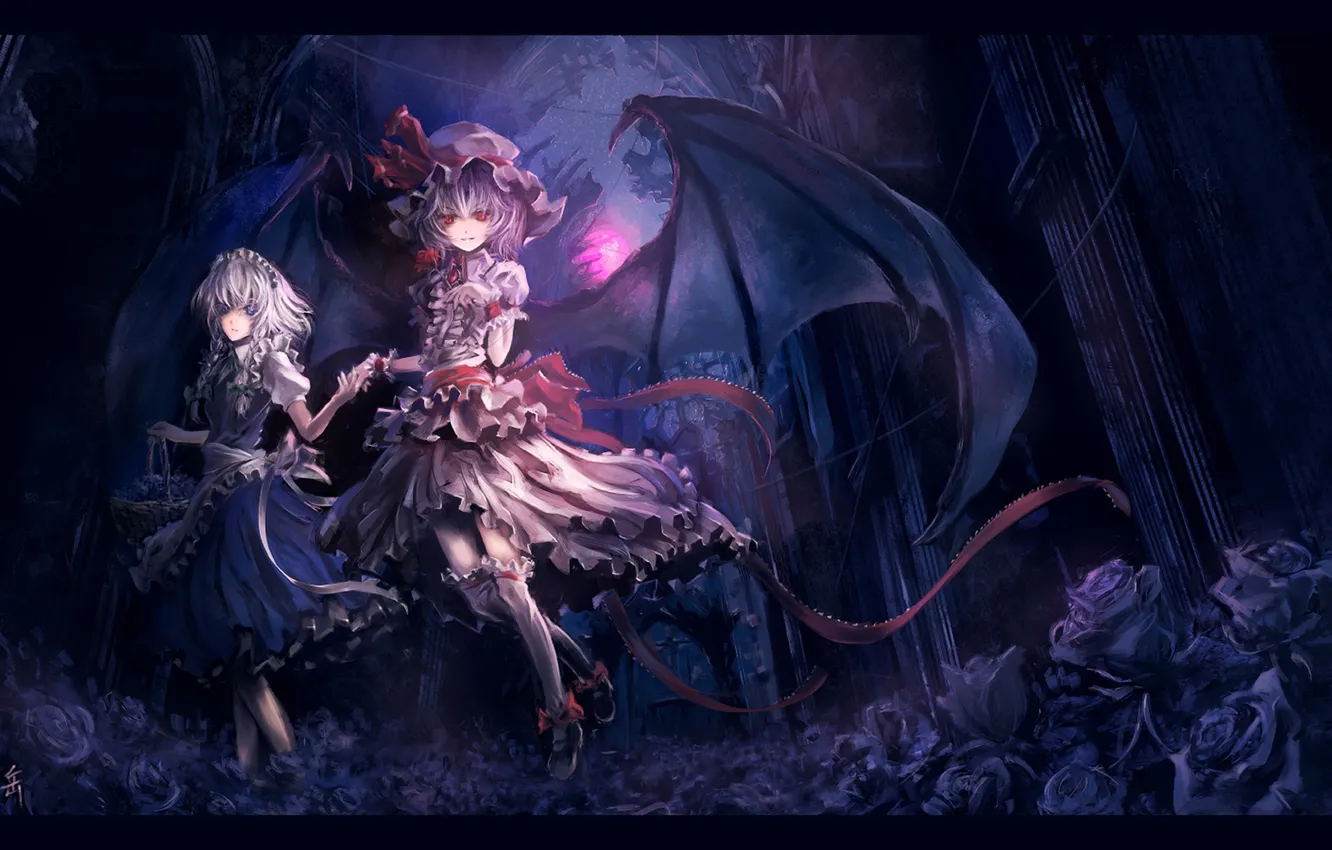 Photo wallpaper girls, roses, wings, demons, touhou, remilia scarlet, izayoi sakuya