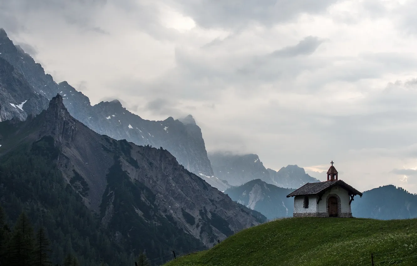 Photo wallpaper landscape, mountains, chapel