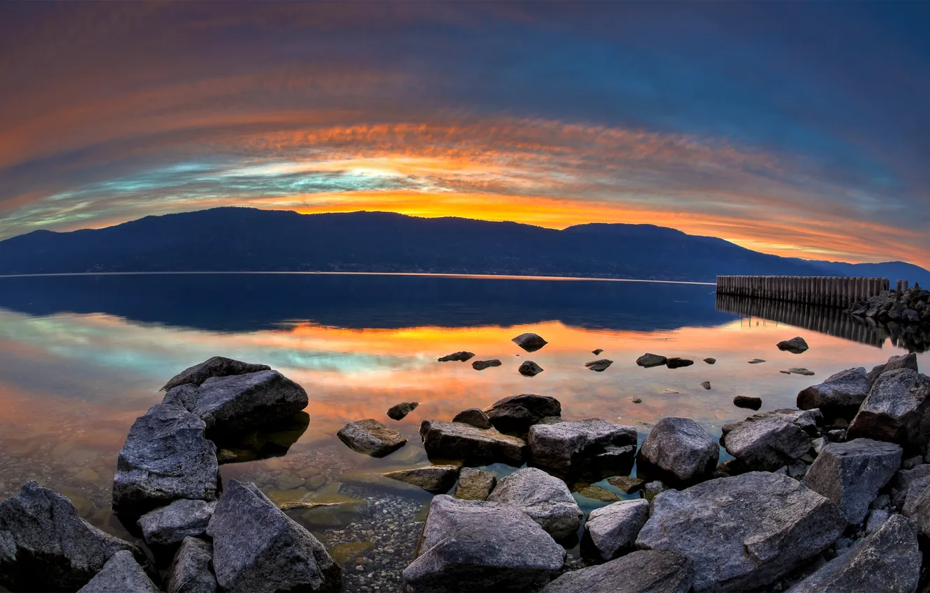 Photo wallpaper sunset, water, lake, rocks