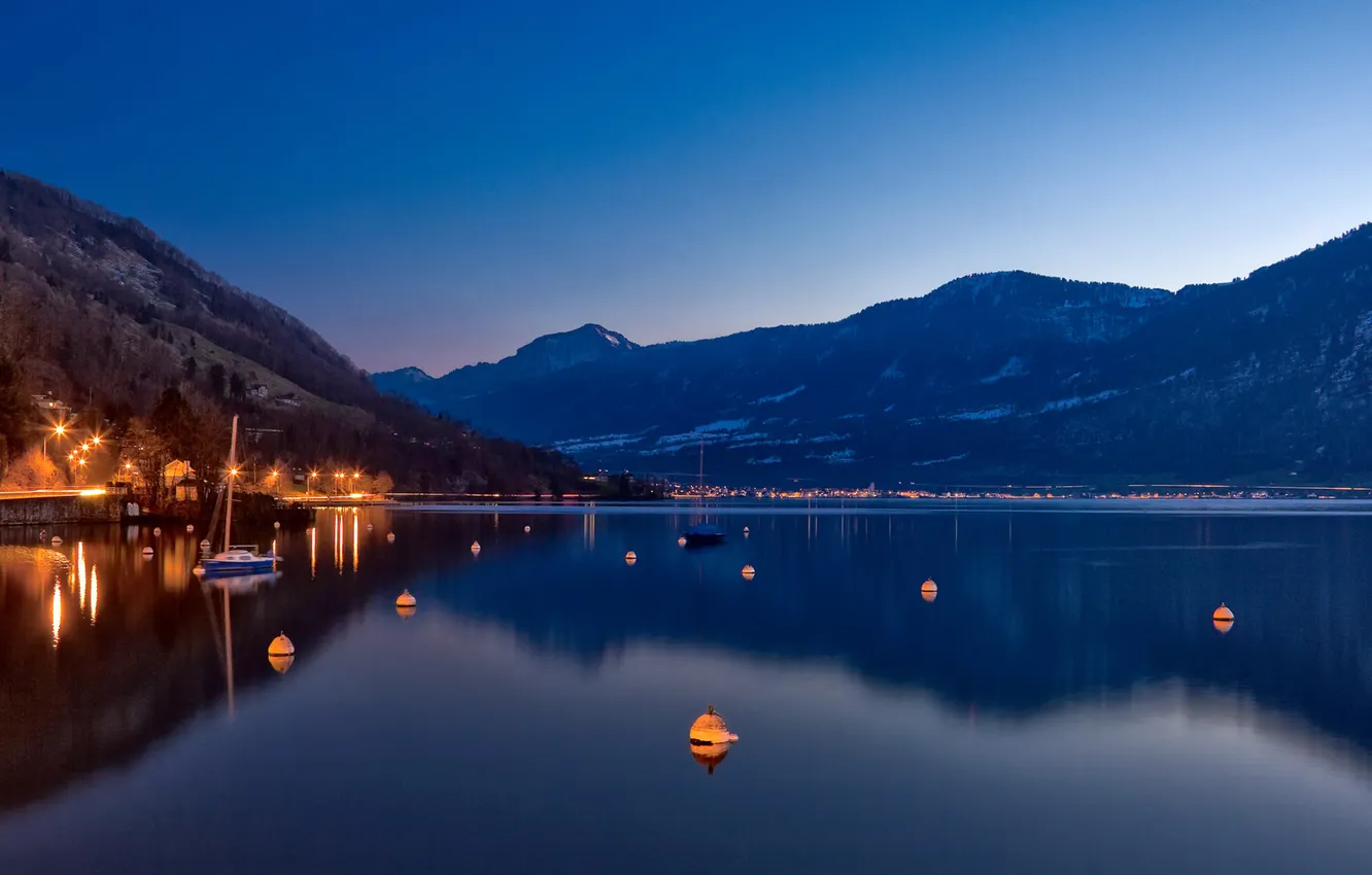 Photo wallpaper mountains, lights, lake, yacht