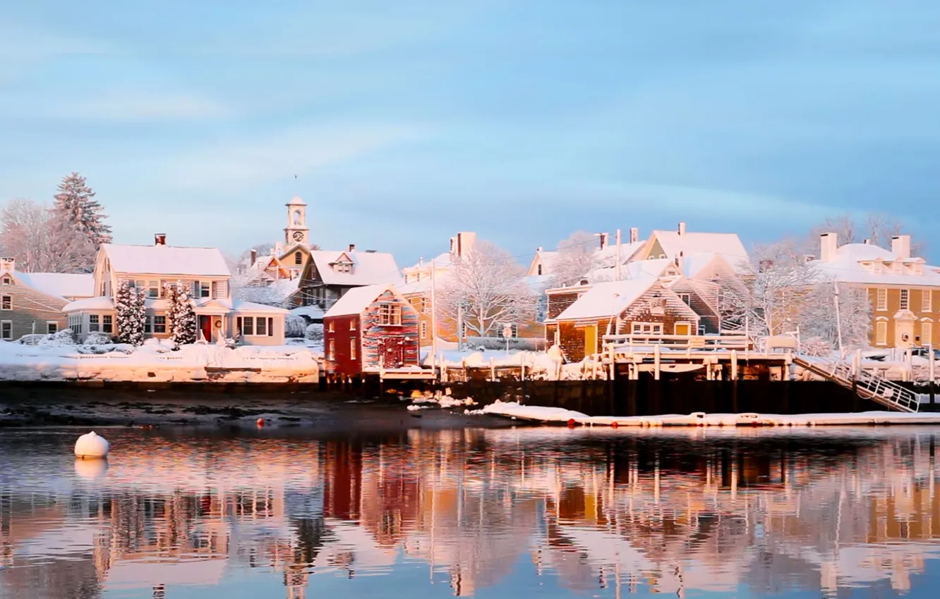 Photo wallpaper winter, snow, river, England, home, Portsmouth, Piscataqua, New Hampshire