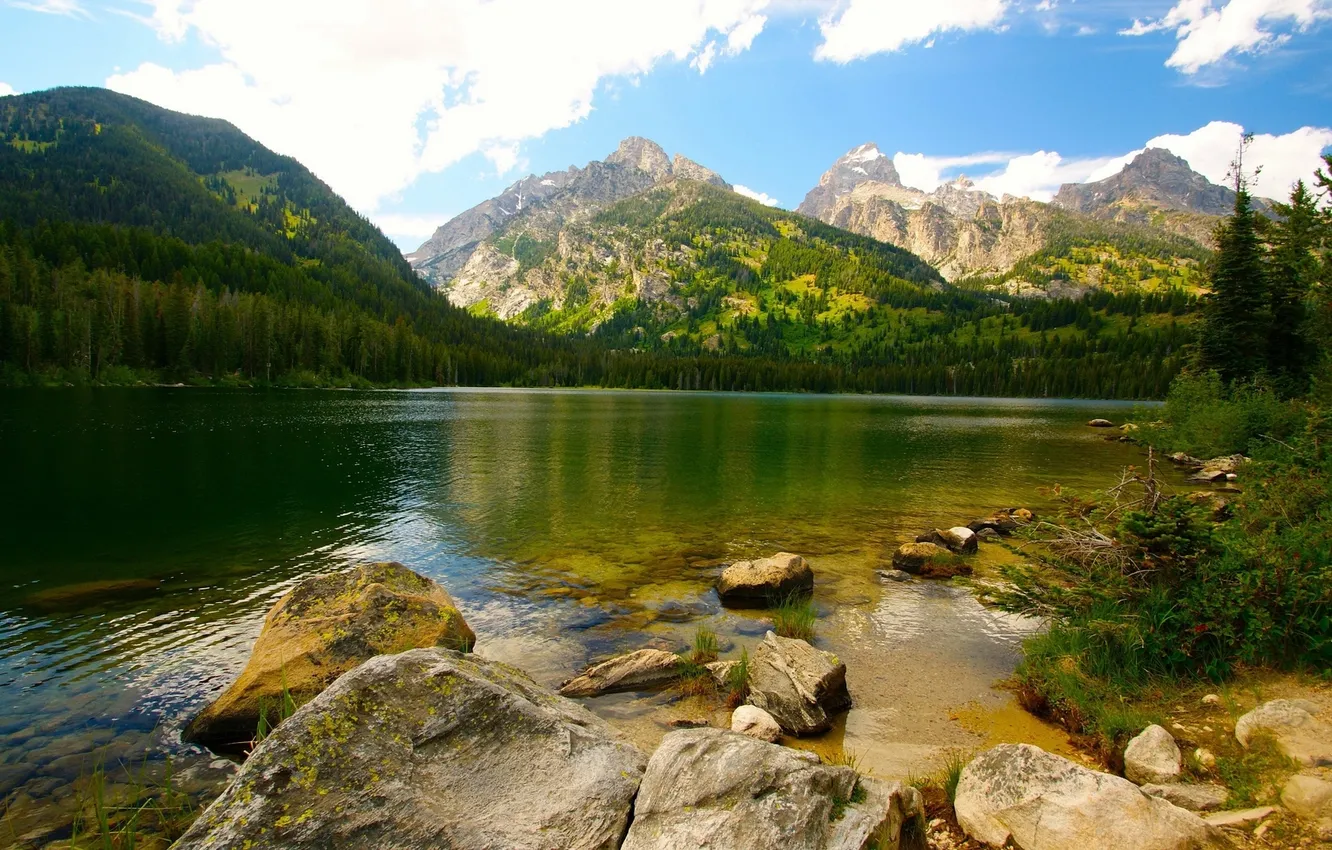 Photo wallpaper water, mountains, stones, Lake, vegetation