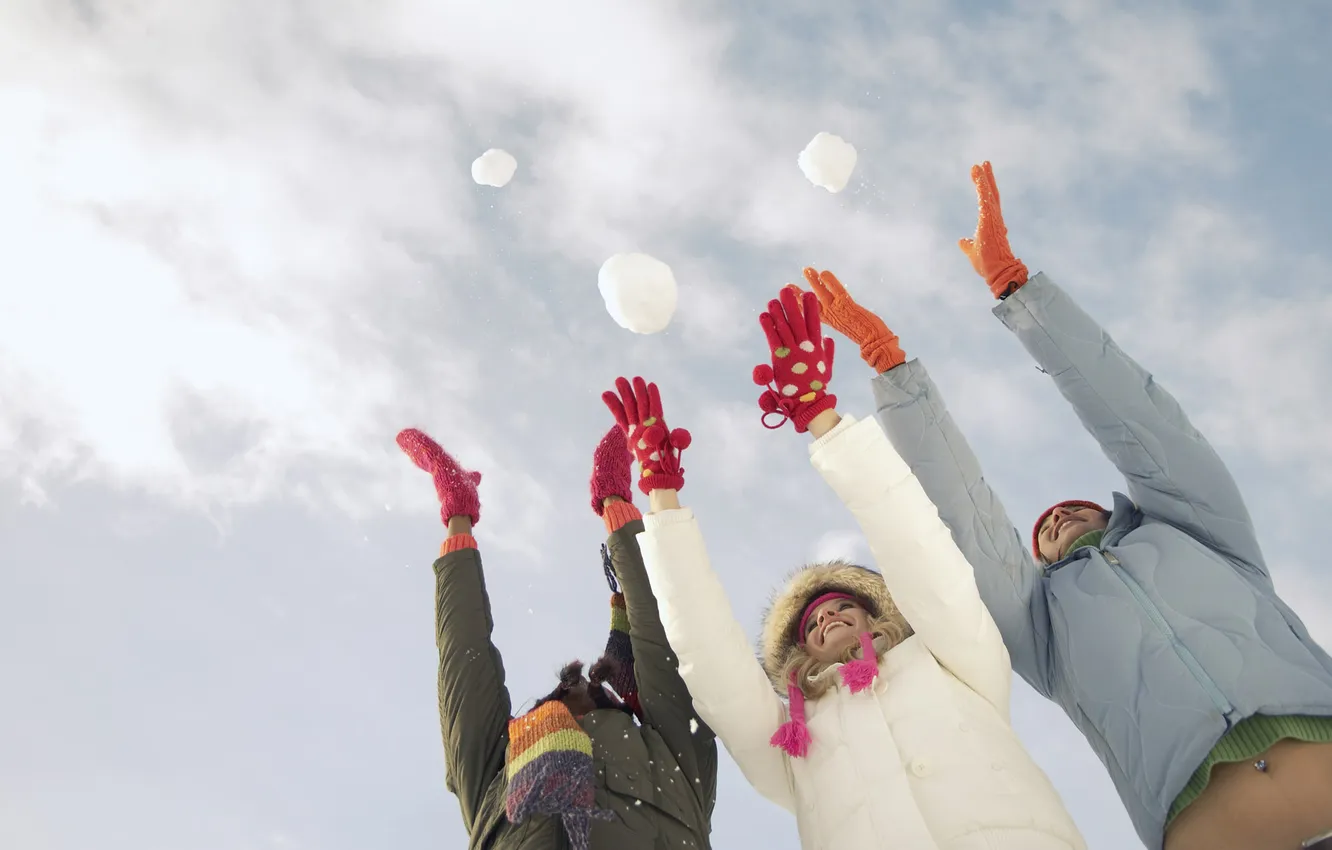 Photo wallpaper winter, the sky, joy, company, weather, fun, winter, snow