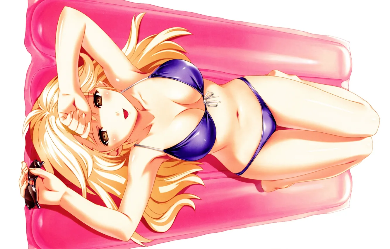Photo wallpaper long hair, inflatable mattress, bliss, lying on her back, sunglasses, in bikini, by koutaro