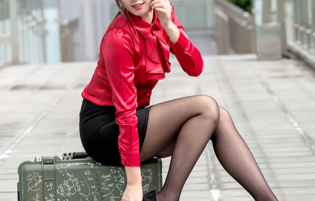 Photo wallpaper feet, skirt, shoes, blouse, suitcase, tights, Asian, sitting