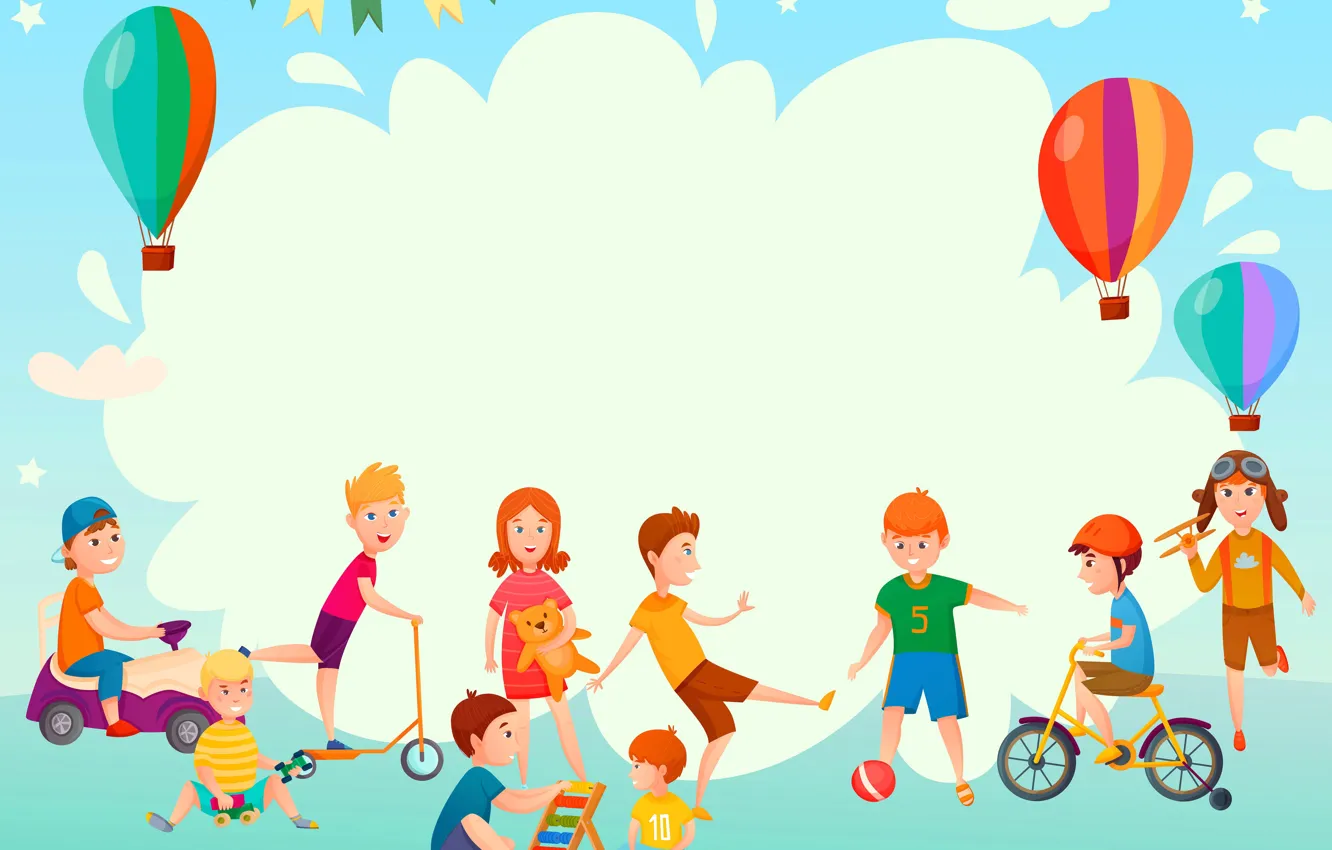 Photo wallpaper bike, children, boy, girl, plays, vector graphics, Balloons