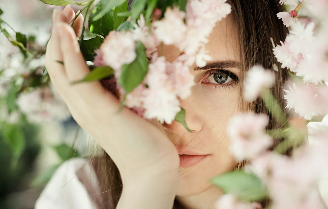 Photo wallpaper look, girl, flowers, close-up, branches, nature, face, mood