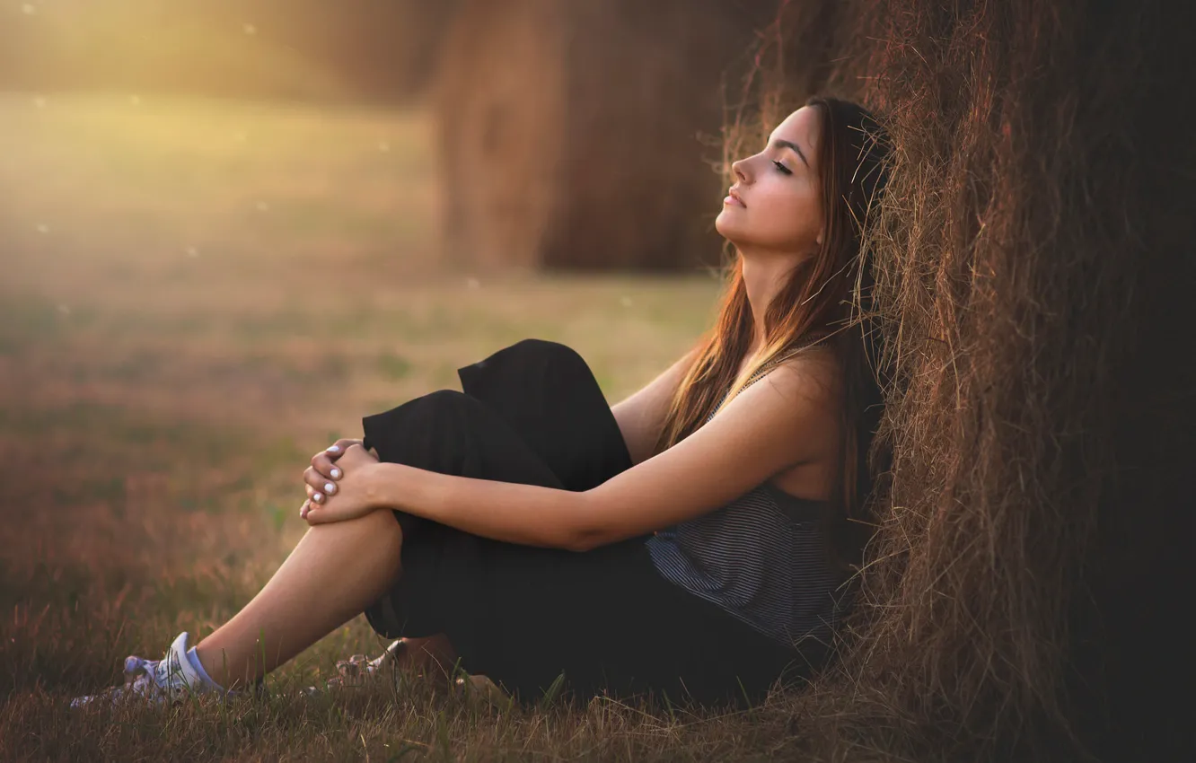 Photo wallpaper girl, mood, stack, brunette, hay, straw, sitting, haystack