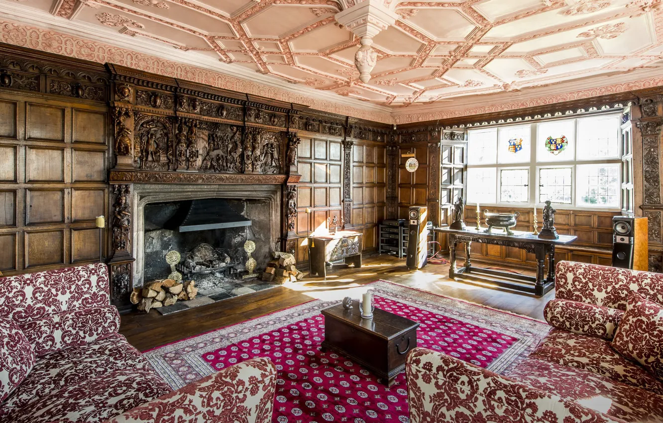 Photo wallpaper design, castle, interior, fireplace, living room, England, English style, North Somerset