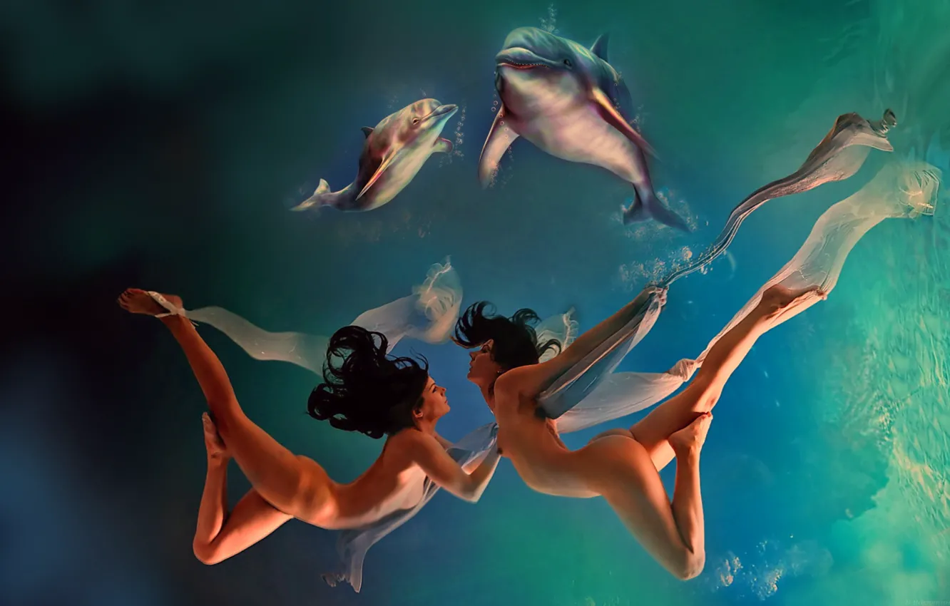 Photo wallpaper sea, fantasy, girls, dolphins