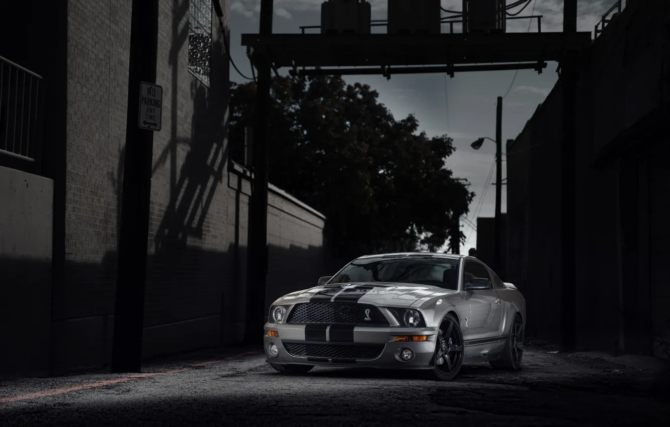 Photo wallpaper building, mustang, Mustang, silver, lane, ford, shelby, twilight
