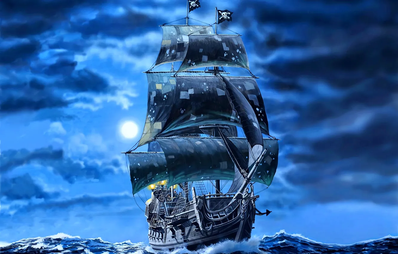 Photo wallpaper ship, art, Pirates, black sails, Galleon, Black pearl