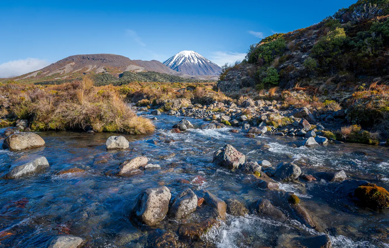 Photo wallpaper mountains, stones, river