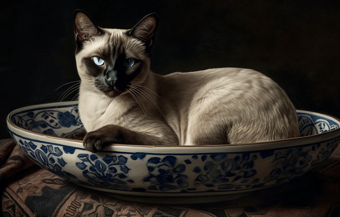 Photo wallpaper cat, cat, look, pose, table, legs, plate, lies