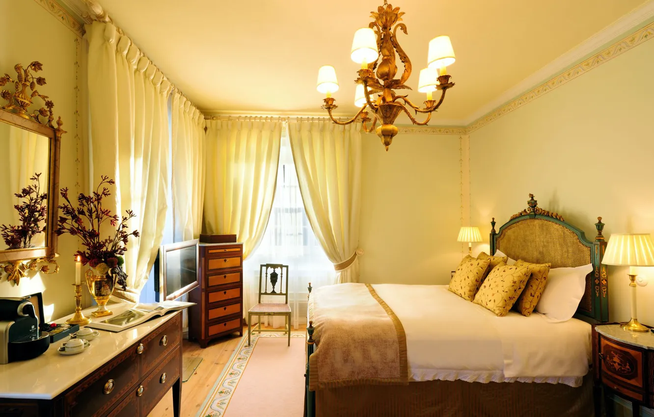 Photo wallpaper room, bed, interior, mirror, curtains, bedroom