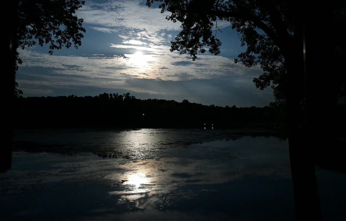 Photo wallpaper clouds, moonlight, Reflection in the water
