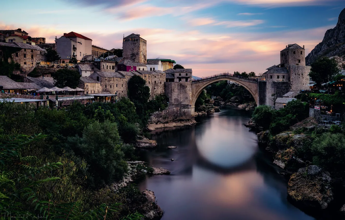 Photo wallpaper bridge, river, the evening, Bosnia and Herzegovina, Mostar