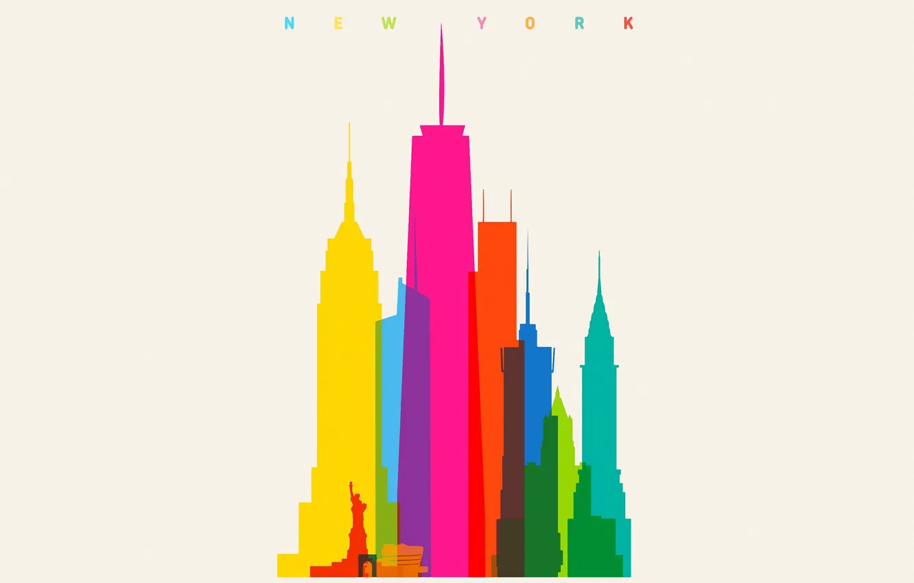 Photo wallpaper colorful, USA, minimalism, New York, Empire State Building, digital art, artwork, Statue of Liberty