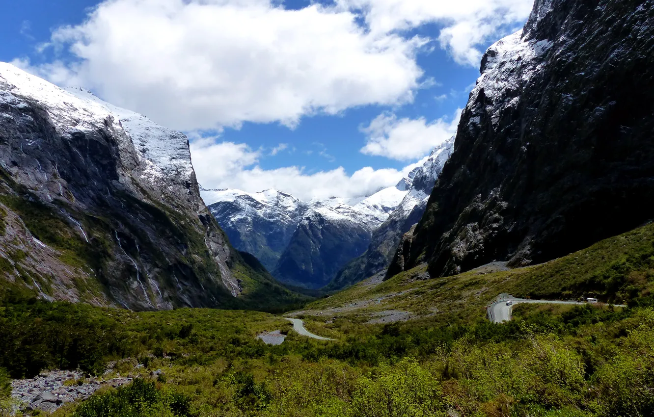 Photo wallpaper grass, clouds, mountains, nature, Park, photo, New Zealand, Fiordland