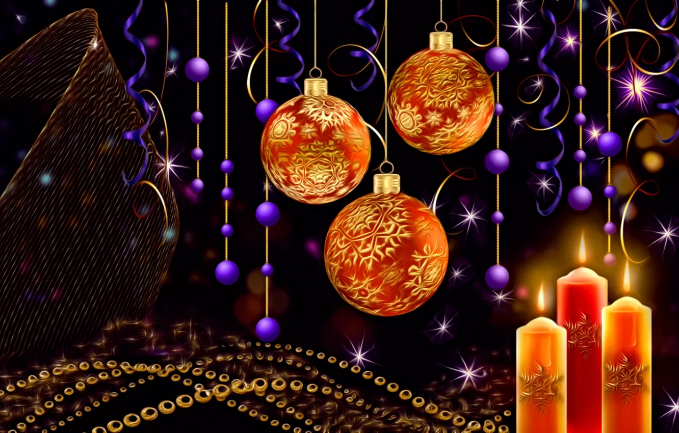 Photo wallpaper balls, light, the dark background, rendering, candles, New Year, sparks, Christmas