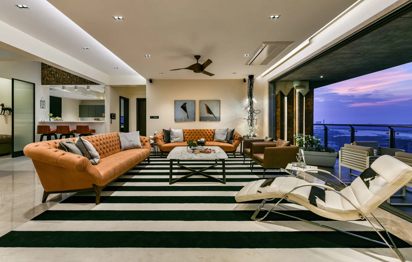 Photo wallpaper style, India, interior, Pinnacle, living room, by AUM Architects, luxury penthouse in Mumbai, luxury penthouse …