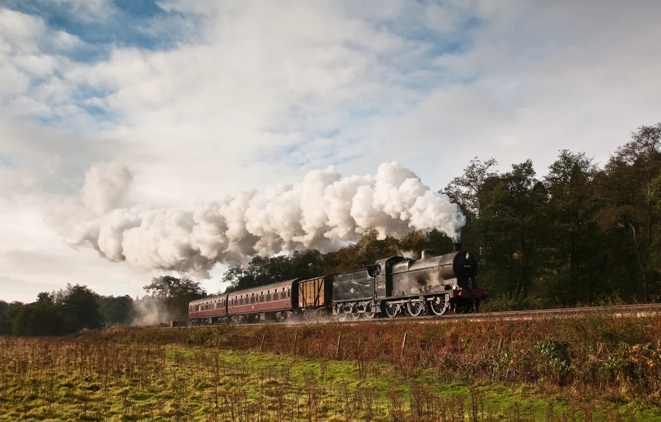 Photo wallpaper nature, smoke, train, the engine, cars