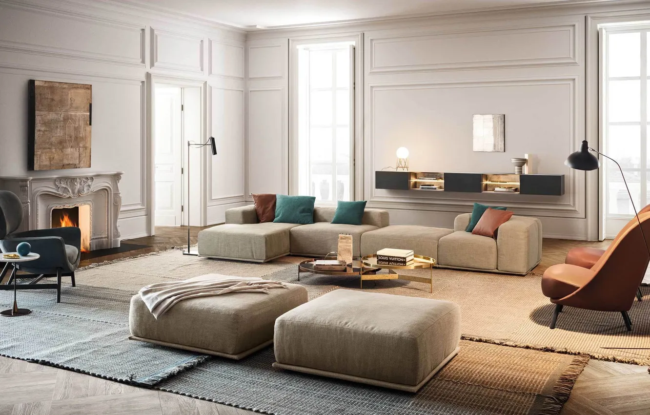 Photo wallpaper design, style, interior, fireplace, bright room, upholstered furniture, spacious living room