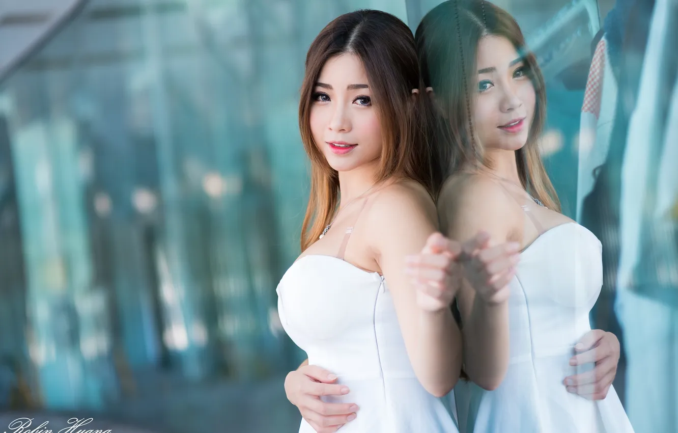 Photo wallpaper look, pose, reflection, model, portrait, makeup, dress, hairstyle