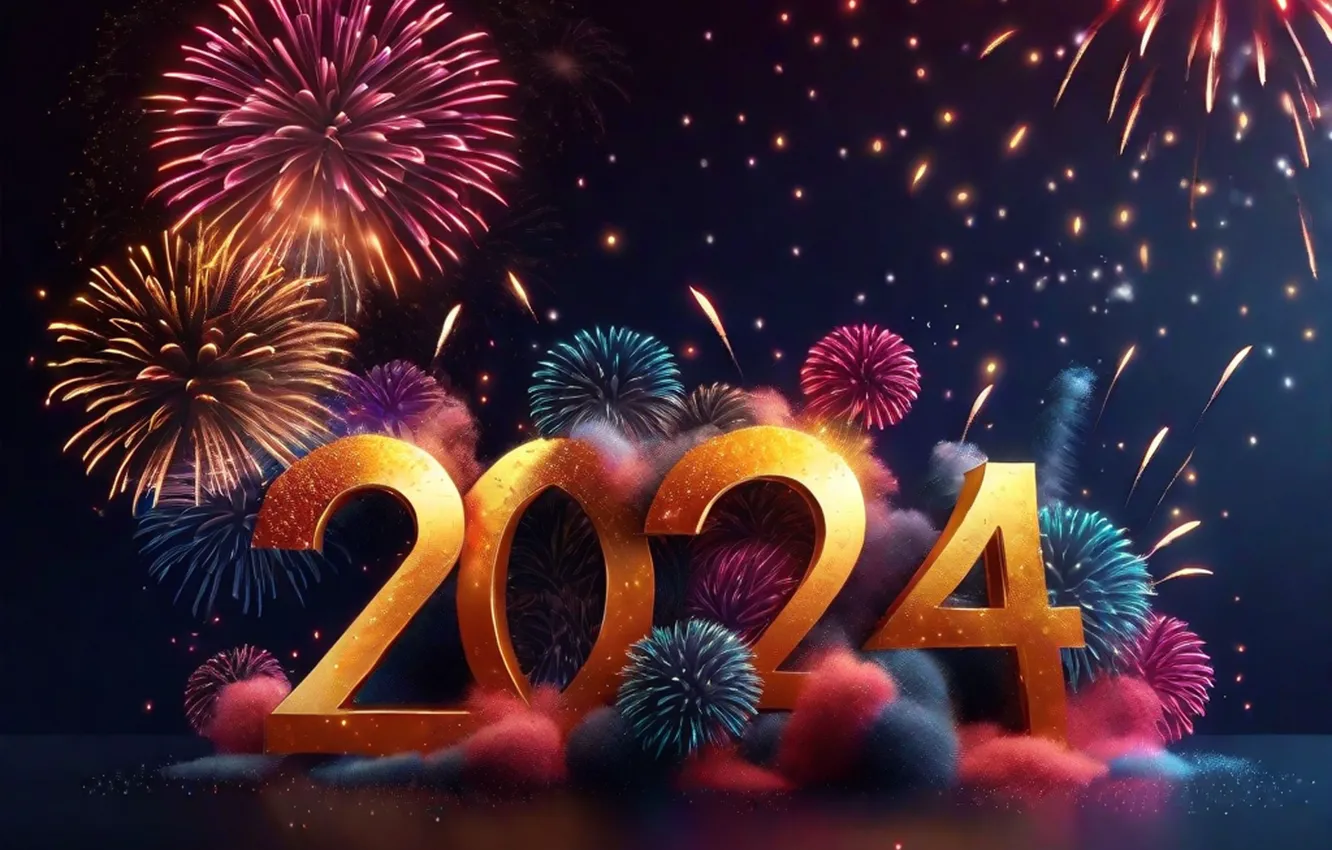 Photo wallpaper new year, salute, colorful, figures, golden, Neon, New Year, numbers