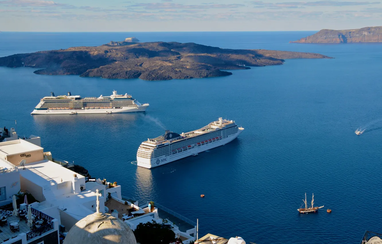 Photo wallpaper sea, travel, ship, Santorini, Greece, liner, cruise